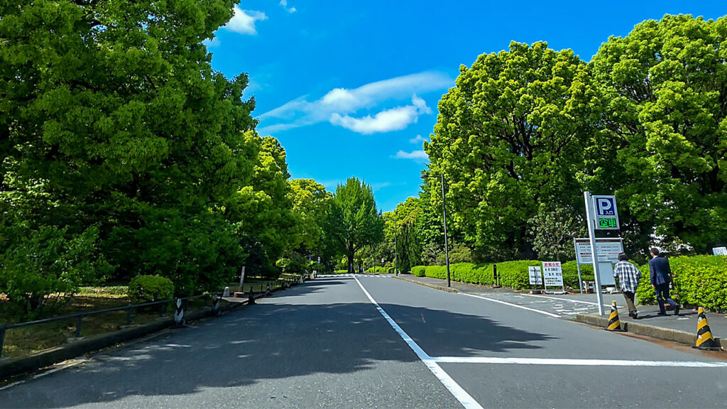 北の丸第一駐車場入口のP表示が見える場面
