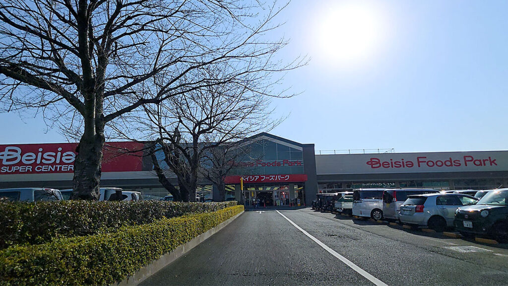 ベイシアひだかモール店外観と駐車場入口付近